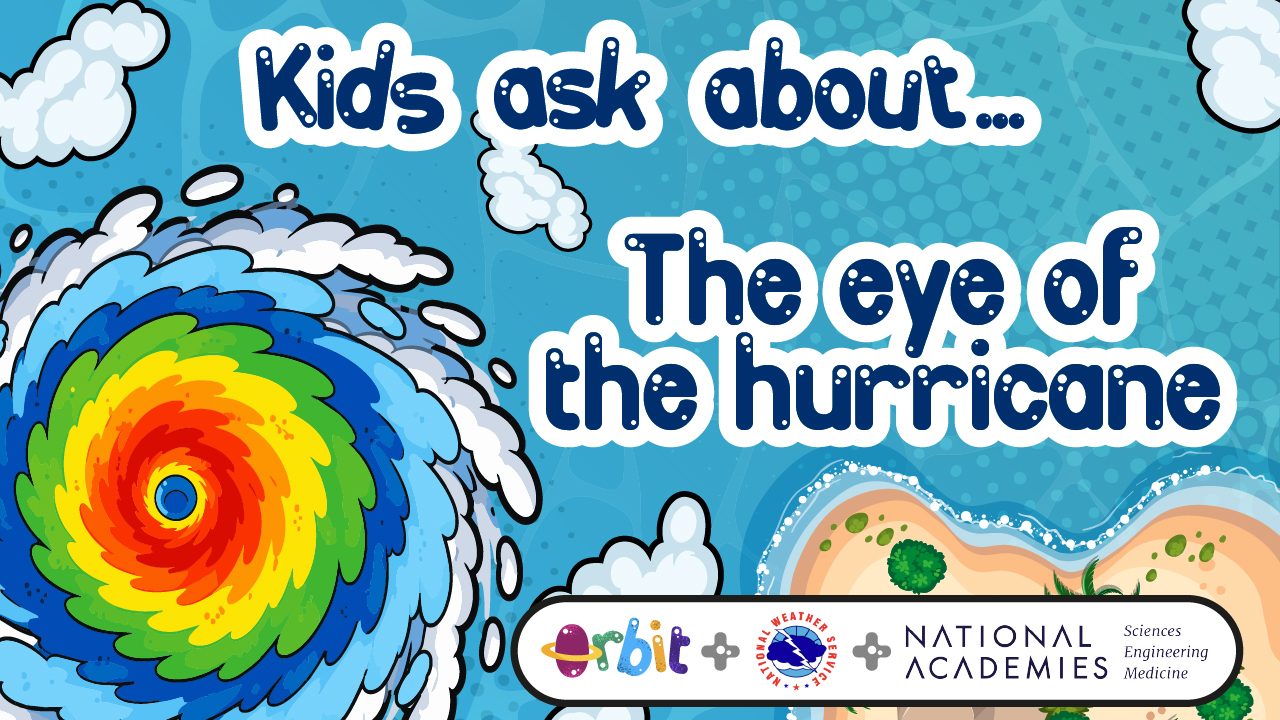 A stylized promotional graphic for the Orbit podcast titled "Kids ask about... The eye of the hurricane."