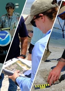 A three-panel photo collage showing a NOAA Shoreline Cleanup Assessment Technique training course.