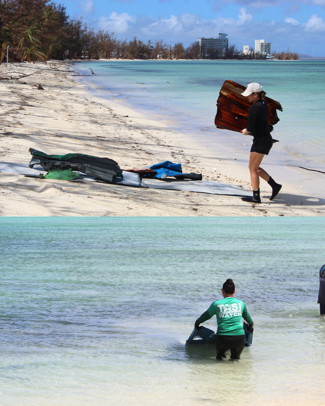 Volunteers remove typhoon debris from near-shore waters. 