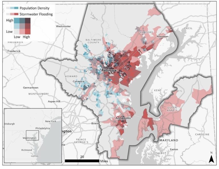 Baltimore map showing relationship between population density projections in 2050 and current stormwater flooding potential.