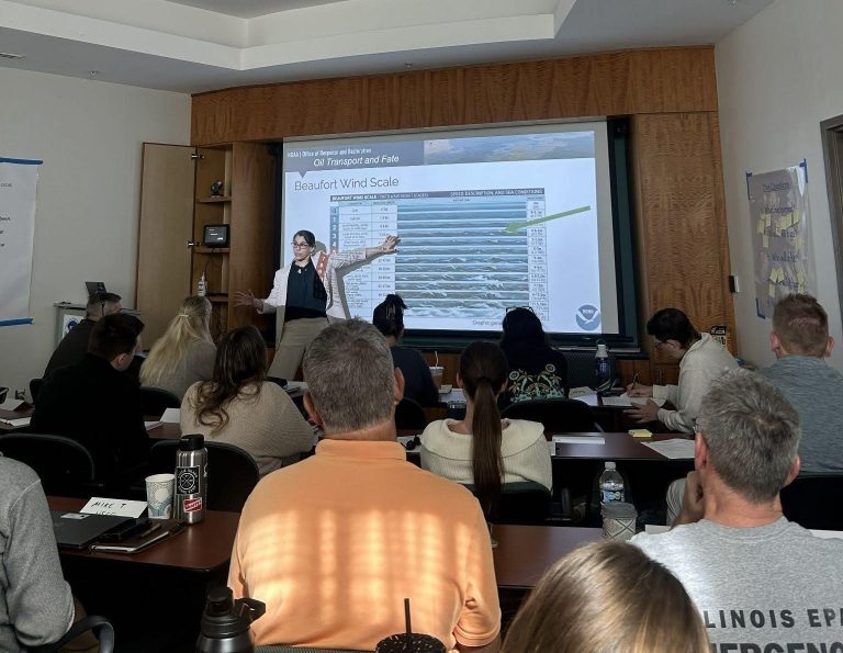 ORR oceanographer gives presentation on oil fate and transport during 2026 Science of Oil Spills training.