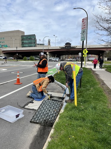 Three people removing a debris collection device from a storm drain on a city street.