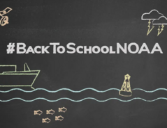 A chalkboard drawing of a ship, satellite, clouds, buoy, and fish.