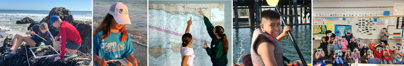 L to R: Two students doing rocky intertidal monitoring; a young girl carrying a clipboard; two people pointing to a map; a young kayaker.