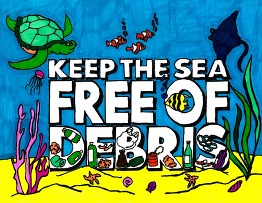 A drawing with bubble letters reading "Keep the sea free of debris", surrounded by sea creatures, and debris items.