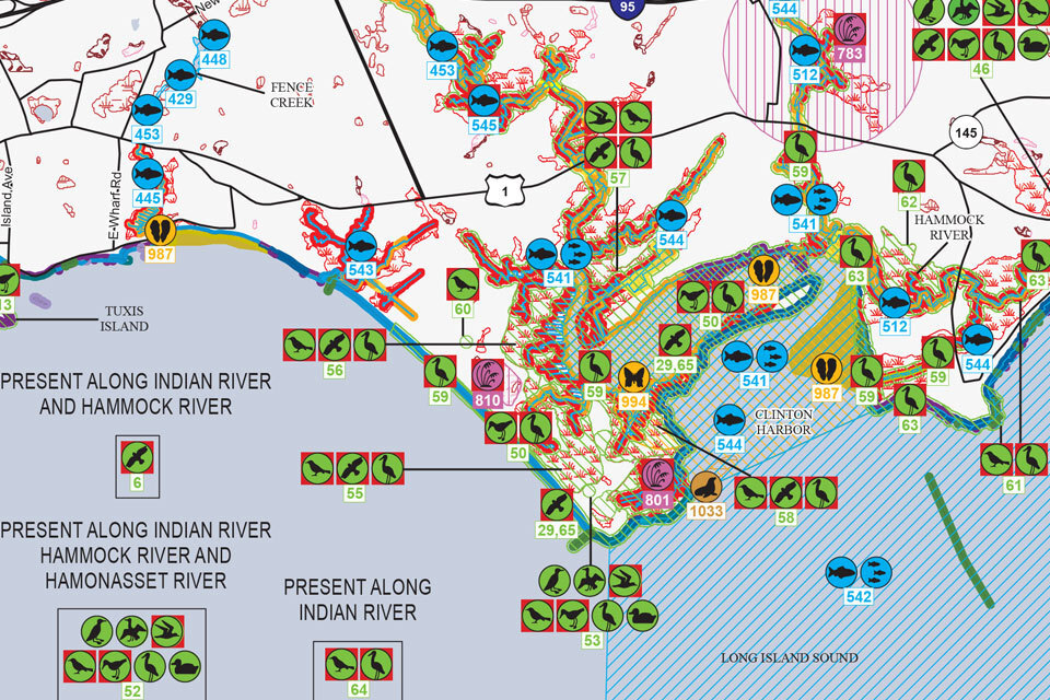 Detailed section of an Environmental Sensitivity Index (ESI) map of Clinton Harbor and Long Island Sound.