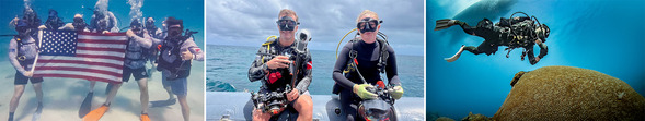 L to R: A group of scuba divers underwater holding a U.S. flag; a veteran in dive gear holding a camera; a diver underwater above a large coral head.