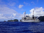 NOAA Ship Rainier floats offshore of Tutuila Island. Credit: NOAA Fisheries/Dama Torres-Puliza