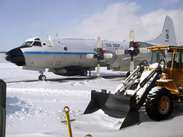 NOAA P-3 covered in snow during Ocean Winds mission in Nova Scotia