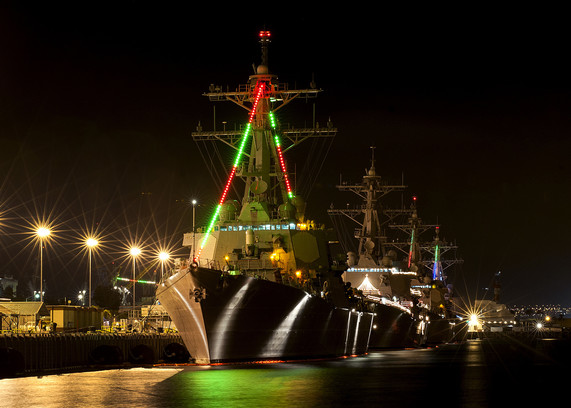 Navy ships participate in the Pearl Harbor Holiday Festival of Lights at Joint Base Pearl Harbor-Hickam, Hawaii, Dec. 23, 2014.