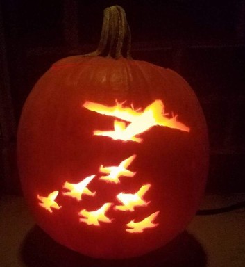 Pumpkin with blue angels carved on it