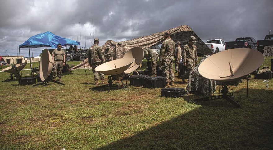 U.S. Army soldiers set up satellite nodes at Andersen Air Force Base, Guam. 