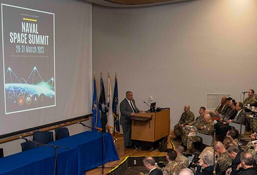 Secretary of the Navy Carlos Del Toro speaks at the inaugural Naval Space Summit. 