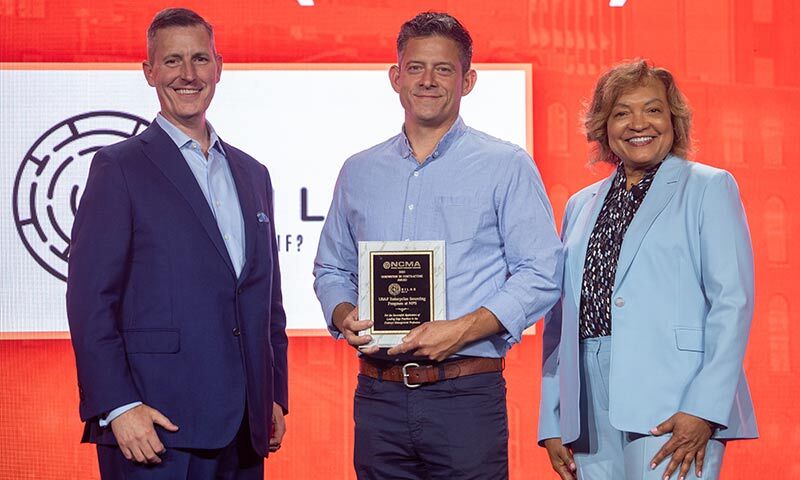 U.S. Air Force Lt. Col. Dan Finkenstadt, a former NPS assistant professor receives the 2023 Innovation in Contracting Award from NCMA