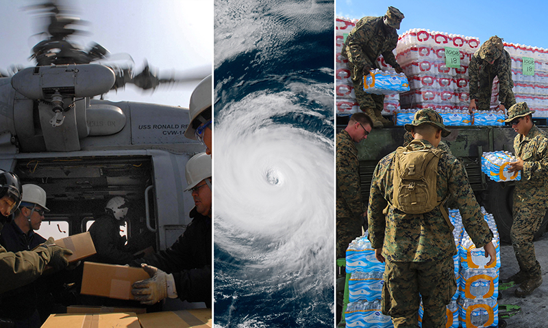 Collage of researchers and satellite image of a hurricane