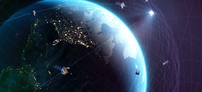 Depiction of earth with space capabilities in orbit