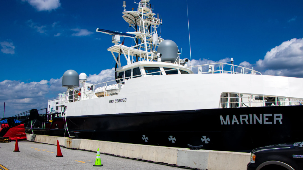 The USV Mariner, a US Navy research and development vessel, docked at the United States Naval Academy