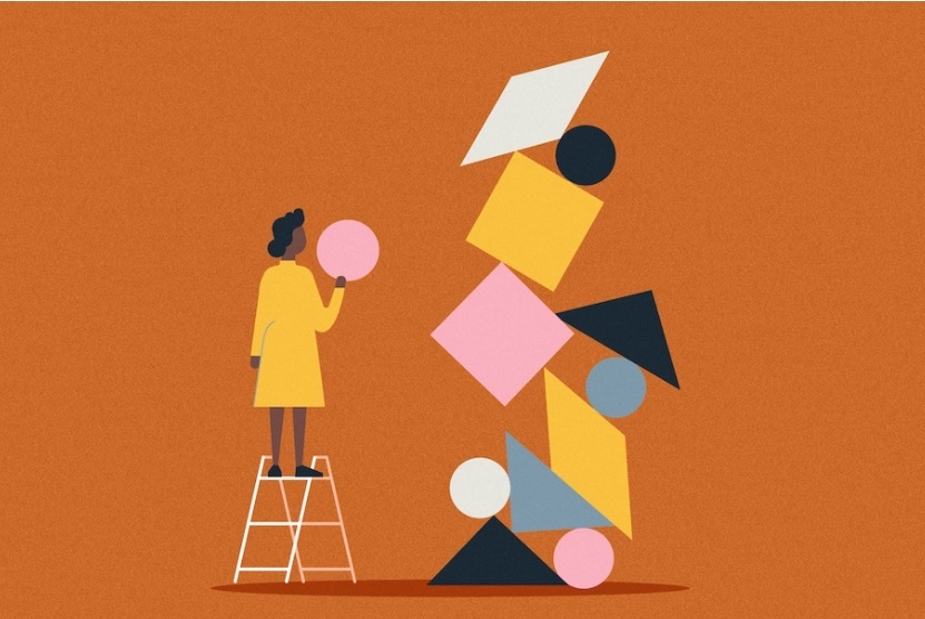 illustration of woman on ladder next to tall pile of shapes