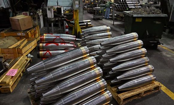 Stacks of nearly finished 155mm shells on the factory floor in Scranton, Pa., on Feb. 1. (Michael S. Williamson/The Washington Post)
