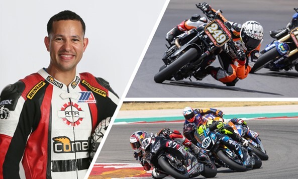Photos of Eubanks on his motorcycle and smiling in his leather riding gear.