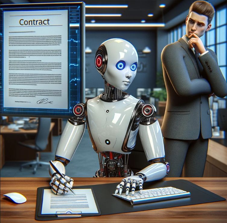 Man looks skeptically at robot writing a contract.