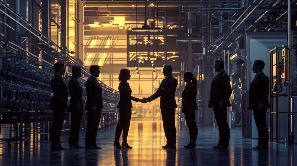 people in suits shaking hands in a backlit factory