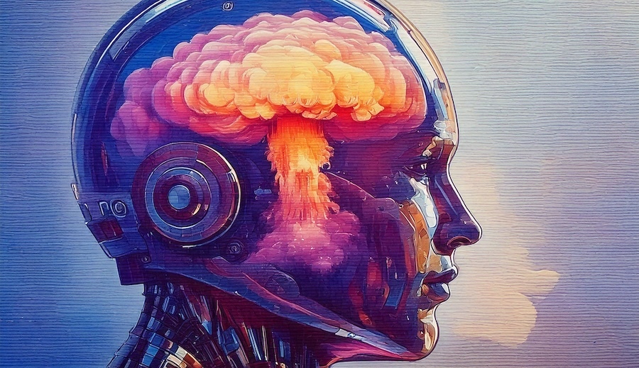 robot head in profile, with an orange nuclear mushroom cloud that resembles a human brain