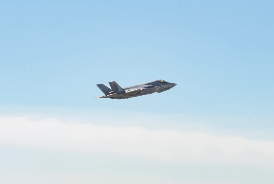 F35 in flight in a blue sky