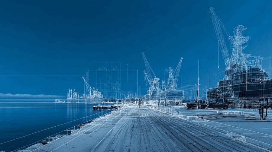 a shipyard augmented with white drafting lines