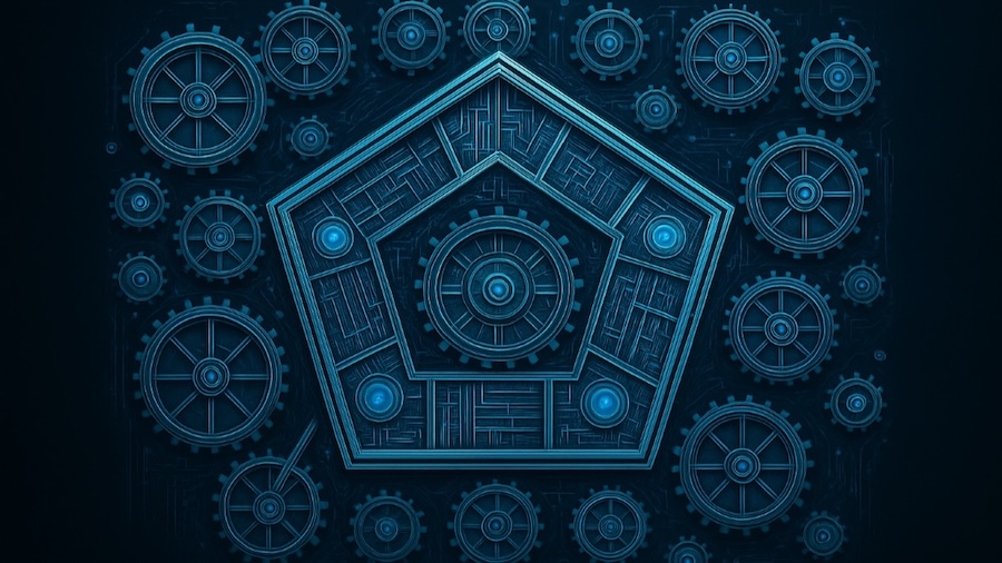 blue and black pentagon shape surrounded by cogs