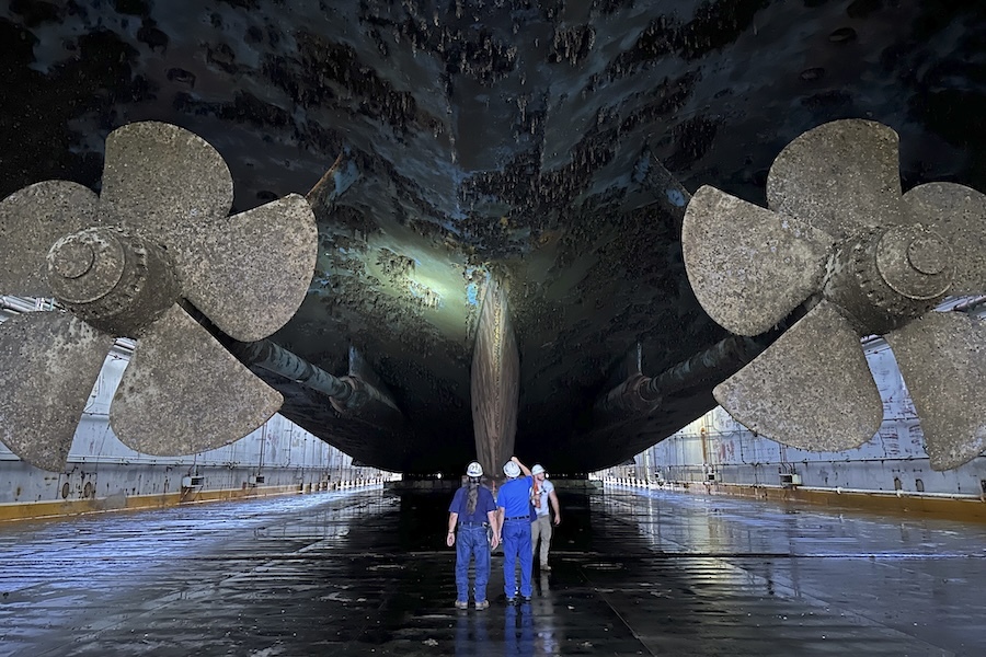 keel and propellers of ship in dry dock