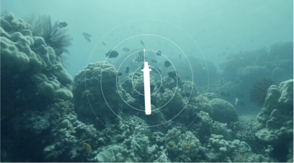 shape of a white tube hovering vertically above a seafloor surrounded by  fish and coral 