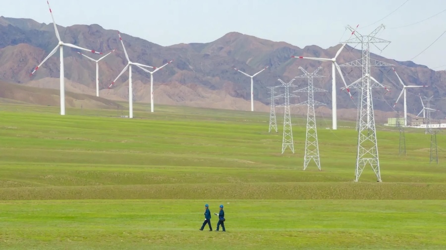 two people walking in front of a field of wind turbines