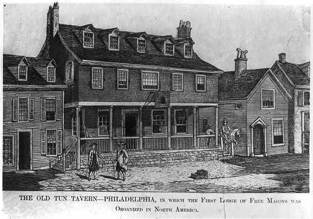 drawing of an old building with porch and sign