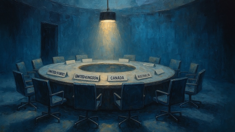 circular table surrounded by empty chairs, cards with names of allied nations in front of each seat