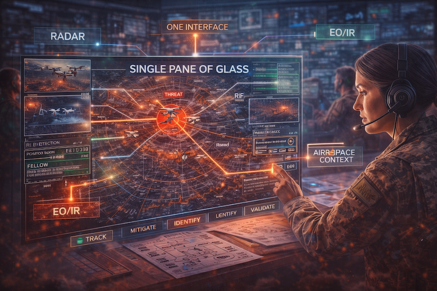 woman in fatigues seated in front of a complex control panel