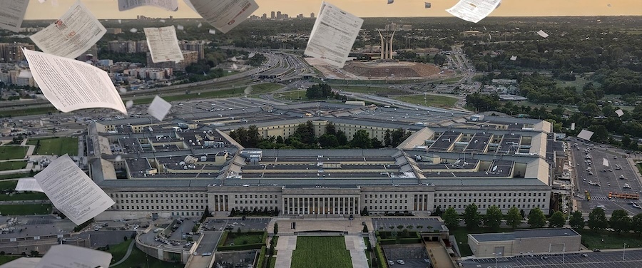 aerial image of Pentagon with technical papers fluttering down from above