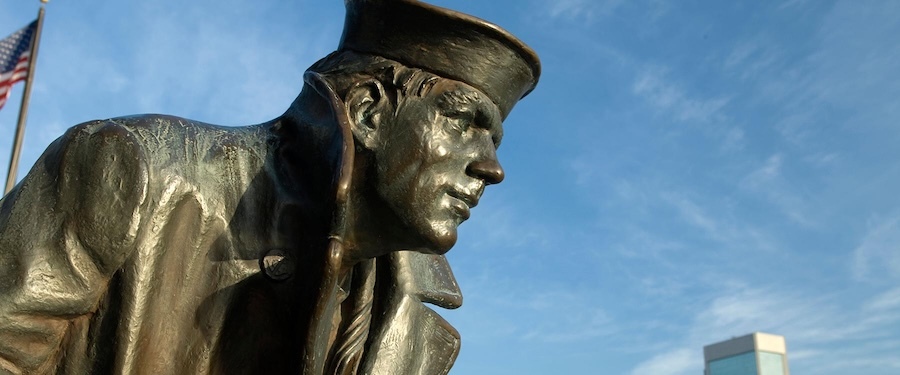 bronze statue of a sailor seen from the shoulders up