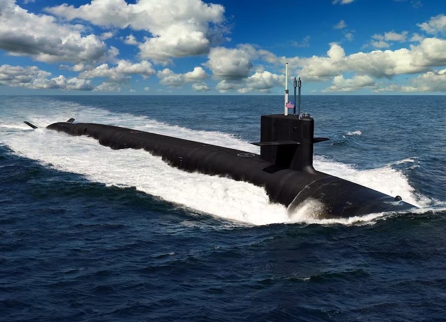 submarine plowing through blue water and white foam