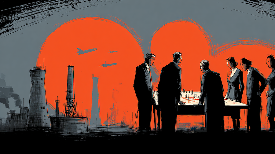 drawing of people in suits gathered around tabletop game, industrial landscape and planes in background