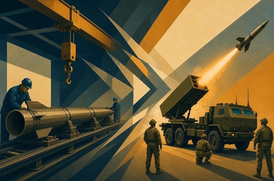 drawing of missile on production line, missile being fired