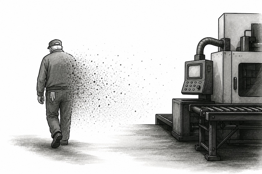 drawing of a man walking past a machine with his body turning to dust on the machine side