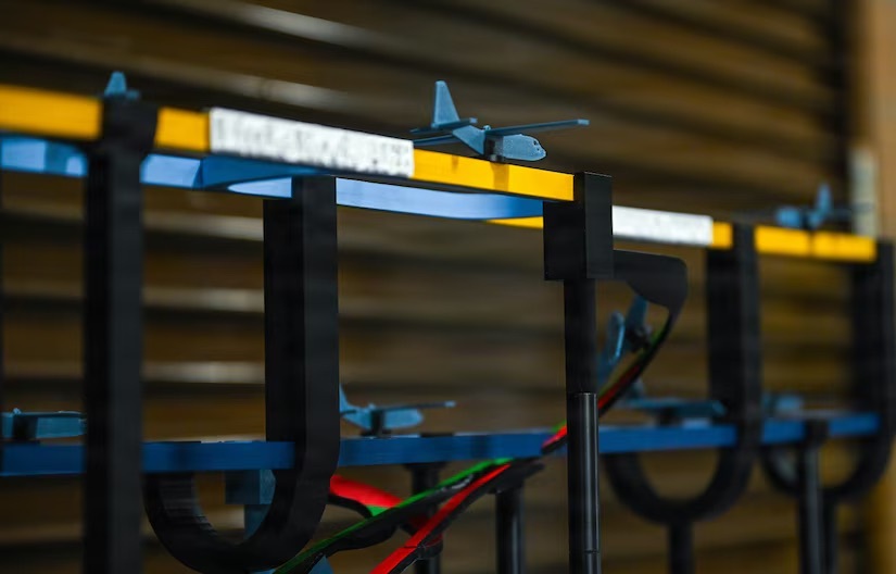 plastic planes arrayed on a set of girders