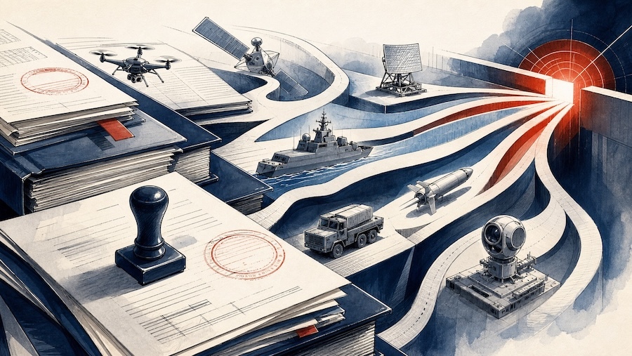 drawing of paperwork and pathways leading to a target, weapons systems on the pathways