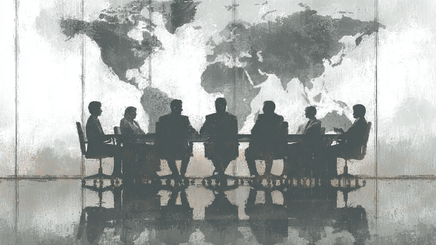drawing of people around a conference table in sihoulette with a map of the world projected behind them