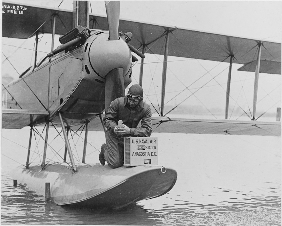 aviator kneeling on a biplane, pigeon in hand