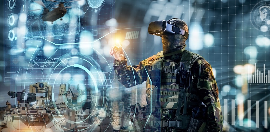 solider with VR glasses before a translucent screen