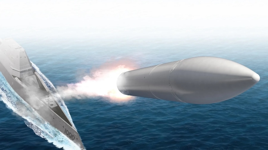 rendering of a missile launching from a ship toward camera