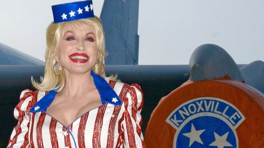 Dolly Parton in red, white, and blue