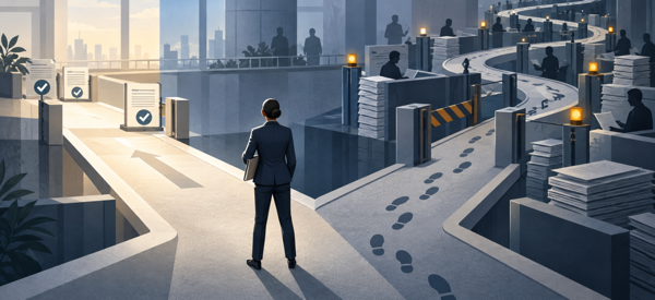 person choosing between a clear path and one lined with bureaucrats and paperwork